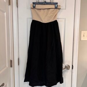 Georgie Women Strapless Colorblock Midi Dress Tan Black‎ Smocked Back Pockets S